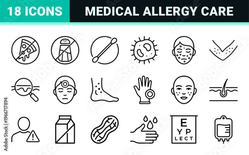 Dermatology and Allergy Treatment Geometric Line Art: Minimalist Monoline Icons for Skin Disease Diagnostics and Healthcare Education.