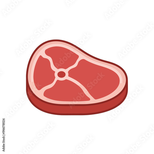Simple cartoon illustration of a raw red steak with white marbling on a white background.