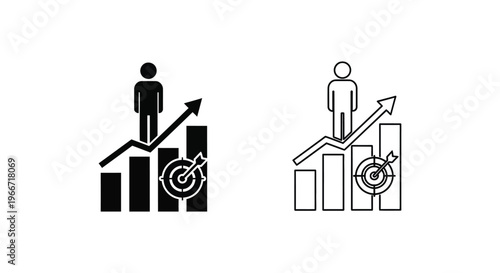 a person standing on a bar chart with an arrow and a target Vector