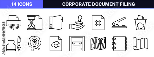Professional Document Line Art Graphic Set featuring Minimalist Monoline Geometric Outlines for Office Administration and Legal Filing.