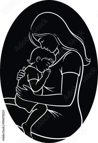 Mother and child silhouette embrace in oval frame, calm sleep, gentle love, parental care.