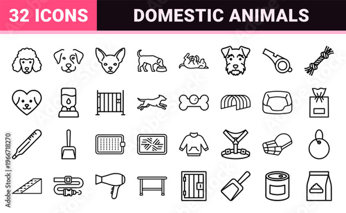 Minimalist Monoline Canine Care Symbols Featuring Modern Geometric Dog Breed Silhouettes and Pet Ownership Essentials for High-End Design.