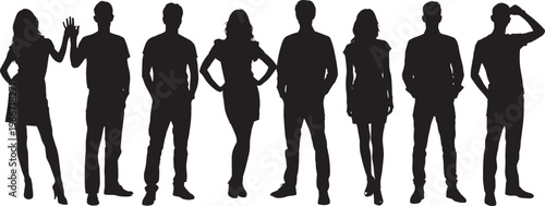 Silhouettes of diverse individuals standing side by side in different postures and gestures, symbolizing unity, diversity, teamwork, individuality, and human body language on white background
