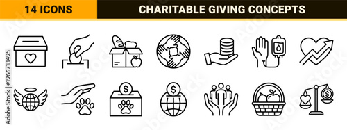 Humanitarian Aid and Philanthropy Minimalist Line Art; Comprehensive Charitable Giving and Social Responsibility Geometric Outline Iconography.
