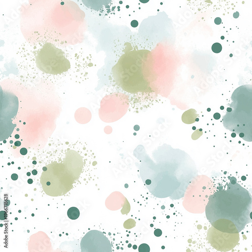 Seamless watercolor abstract wash pattern with soft pastel blots and dots.