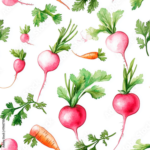 Seamless watercolor pattern with radishes, carrots and parsley.