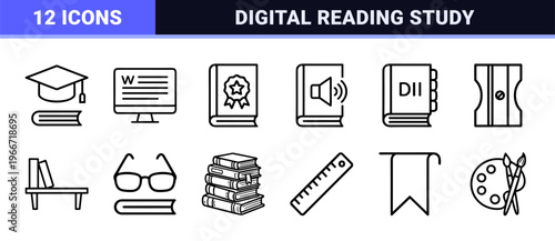 Literary Education and Digital Reading Document Line Art. Minimalist monoline geometric line art for library and publishing utility.