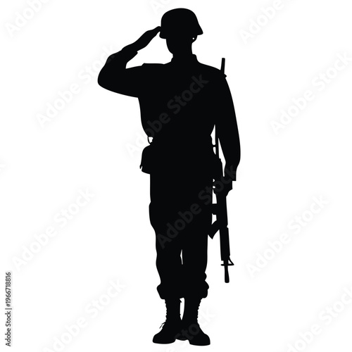 Full body silhouette of a soldier standing at attention saluting with rifle in hand