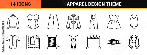 Professional Fashion Design and Garment Construction Geometric Line Art; Minimalist Black and White Vector Outline Apparel Symbols