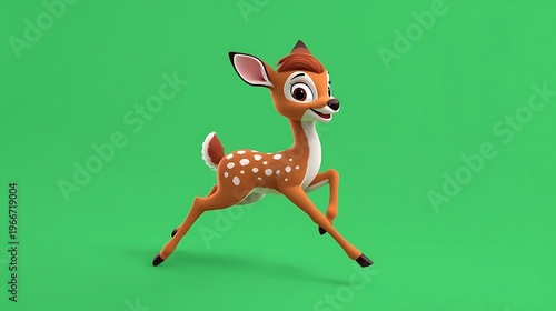 Adorable cartoon fawn jumping playfully against a vibrant green background in a 3d style.