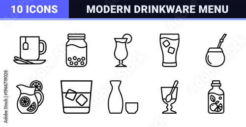 Beverage and Drinkware Outline Icons Featuring Minimalist Geometric Line Art for Commercial Interface Design and Menu Graphics
