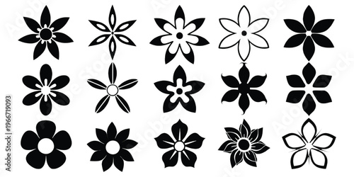 Black and white line art collection of various stylized floral patterns