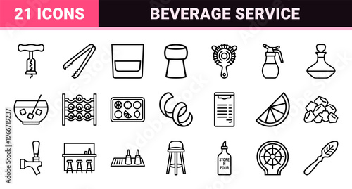 Professional Beverage Mixology and Glassware Line Icons Featuring Ultra Minimalist Monoline Geometric Aesthetic for Menu Design and Signage