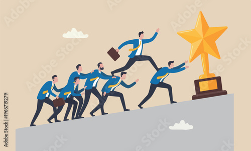 Career competition jump other people to get to goal, take advantage of coworker to success, selfish businessman jump over other people to achieve target