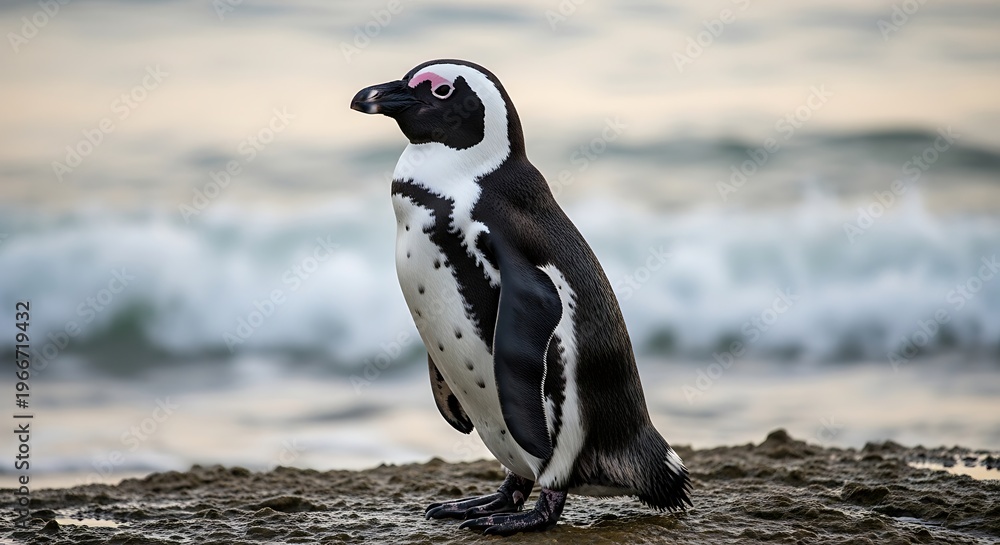 Obraz premium Penguin standing on rocky shoreline looking out.