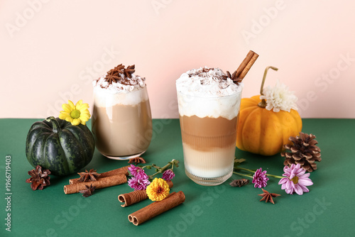 Glasses of tasty pumpkin la...