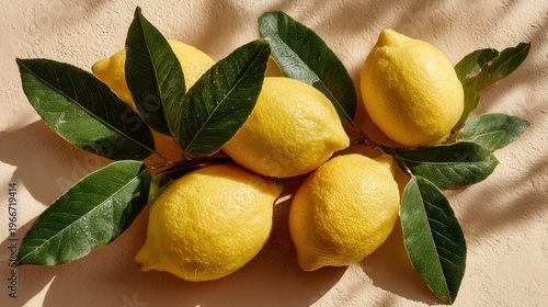 fresh ripe lemons with leaves, flat lay photography on clean minimal background, bright and natural composition