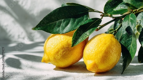 fresh ripe lemons with leaves, flat lay photography on clean minimal background, bright and natural composition