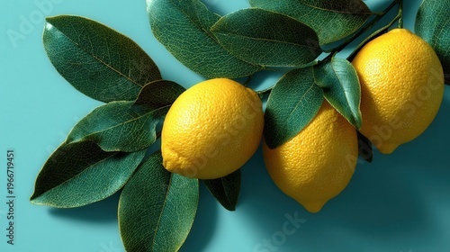 fresh ripe lemons with leaves, flat lay photography on clean minimal background, bright and natural composition