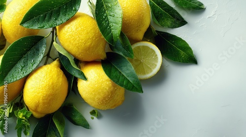 fresh ripe lemons with leaves, flat lay photography on clean minimal background, bright and natural composition