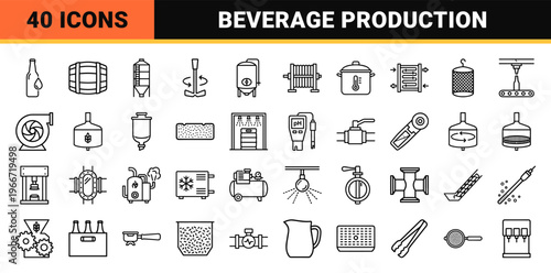 Beverage Production and Industrial Brewing System Line Icons Featuring Minimalist Geometric Machinery and Laboratory Equipment Outlines.