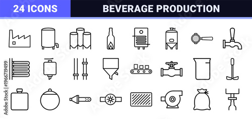 Commercial Beverage Production and Industrial Brewing Monoline UI Elements Minimalist Black Geometric Outline Design for Manufacturing Workflow