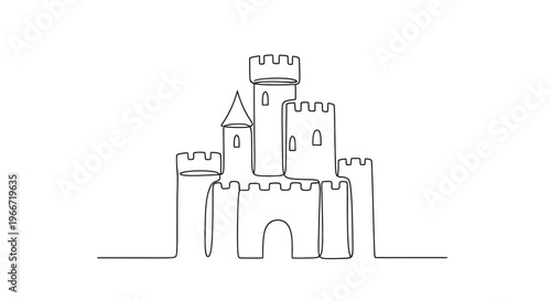 Minimalist Castle Outline Drawing, Single Line Art, Medieval Fortress Icon