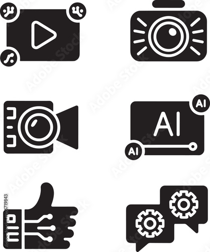 Black and white icons of technology and social media symbols