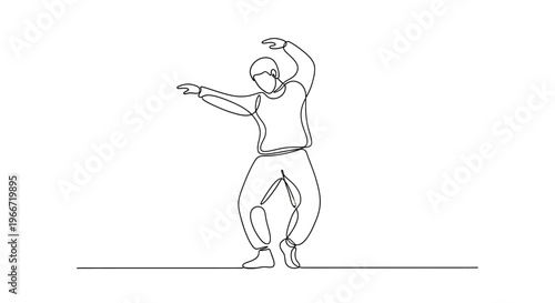 Continuous line drawing of a person dancing, dynamic pose, minimalist art, isolated on white background