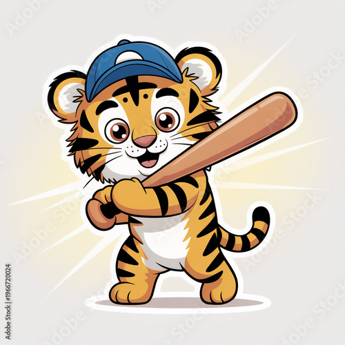 Tiger cub playing baseball sports action cute cartoon design