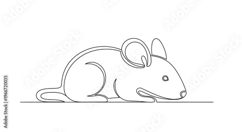 Minimalist single line drawing of a cute mouse lying down on a white background