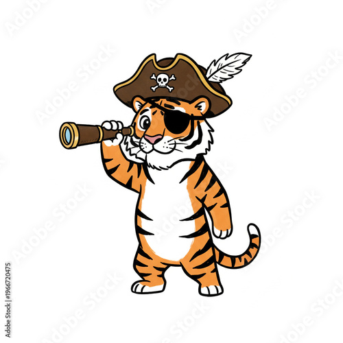 Pirate tiger with telescope sea adventure cartoon character design