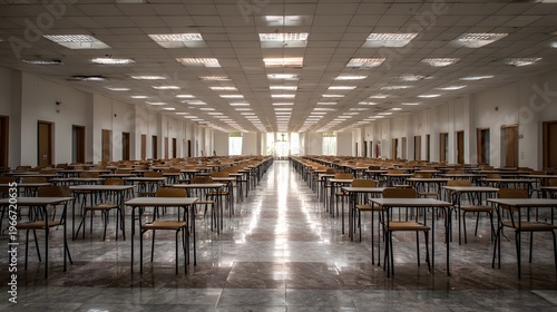 Large exam hall with rows of desks and bright overhead lighting.
