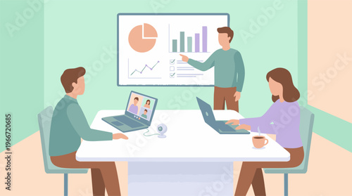 Professional business meeting featuring data, charts, and online participants