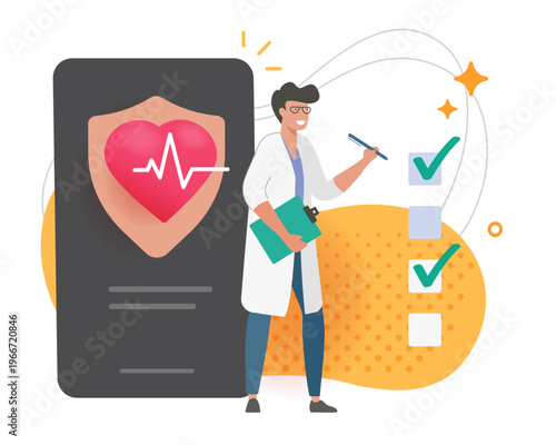 Medical doctor heart health care online checkup concept vector graphic cartoon illustration modern design, minimalist telemedicine mobile smart phone app technology, physician man and cardiology
