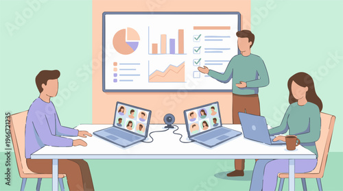 Hybrid business meeting with presentation and video conference call