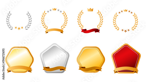 高級感のある受賞・No1・アニバーサリーフレームセット｜月桂樹・星・リボン装飾バッジ・ベクター：メダル・フレームセットB_04