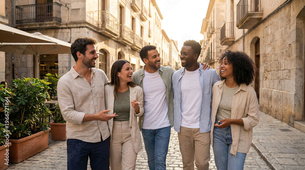Fototapeta premium Group of diverse friends walking together on a cobblestone street, enjoying conversation and laughter in a charming urban setting with historic buildings