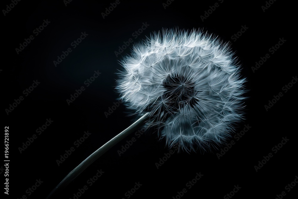 Fototapeta premium Delicate dandelion fluff on a pure black surface, minimalist macro composition