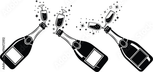 Stylized champagne bottles with clinking glasses, sparkling bubbles, and decorative stars, festive black‑and‑white illustration symbolizing celebration, 