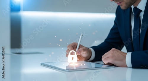 Businessman using stylus on tablet with glowing cybersecurity lock icon overlay