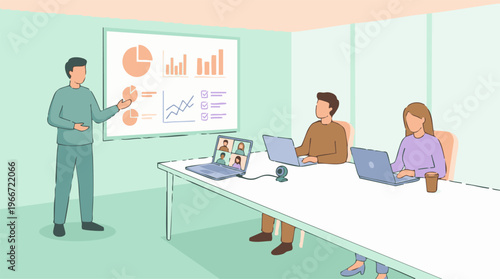Professional business presentation and hybrid meeting with data analysis
