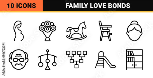 Minimalist Monoline Family and Love Line Art Icons for Digital Interfaces and Domestic Lifestyle Branding Visuals