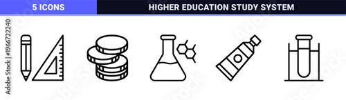 Academic Education and University Learning Monoline Icon Set featuring Minimalist Geometric Line Art for School and Science Subjects