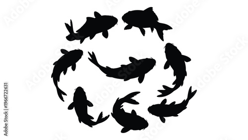 A circular arrangement of seven koi fish is displayed in stark black against a white background a striking silhouette high quality