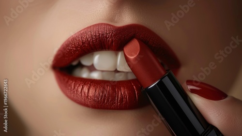 A hyper-realistic close-up of a woman's lips, coated with matte brick red lipstick, reflecting soft light for a warm and earthy effect. 