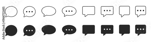 Chat message, speech bubble, comment, dialog, outline and filled icon set, minimal vector symbols for communication, UI and app design on transparent background