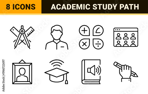 Minimalist Education and E-learning Monoline Icon Set featuring Geometric Line Art for Academic Research and Digital Study Platforms.