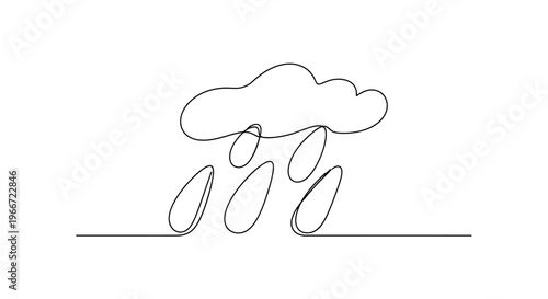 Continuous Line Drawing of Rain Cloud and Drops, Minimalist Weather Icon