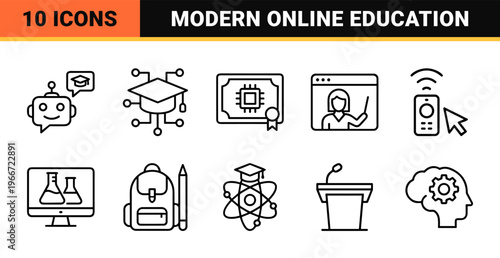 Education Technology and Digital Learning Minimalist Monoline Outline Icons for Virtual Classrooms and Online Training Management Systems